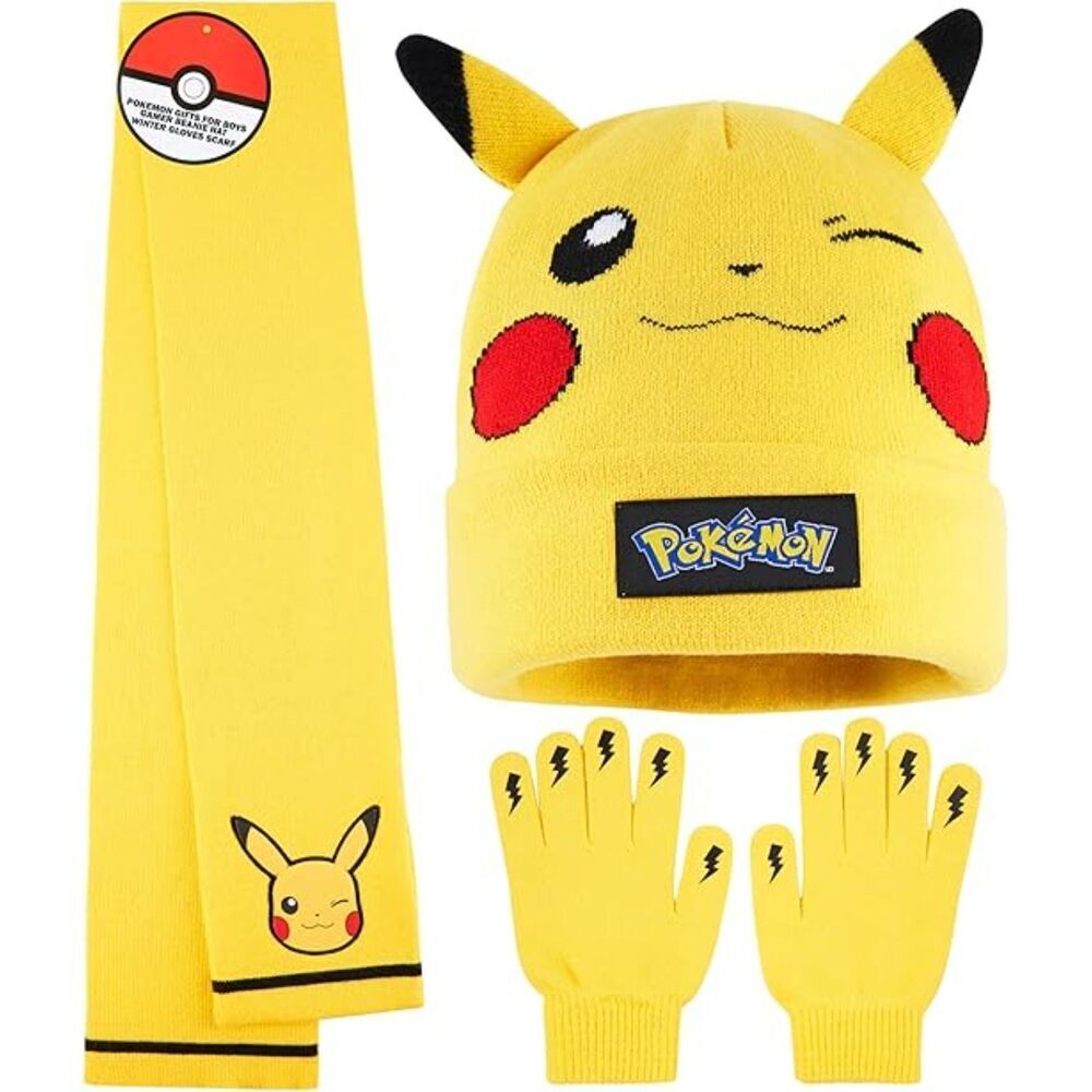 Pokemon Kids Beanie Scarf Gloves Set Warm Cozy Pikachu Winter Gear for Boys Kids